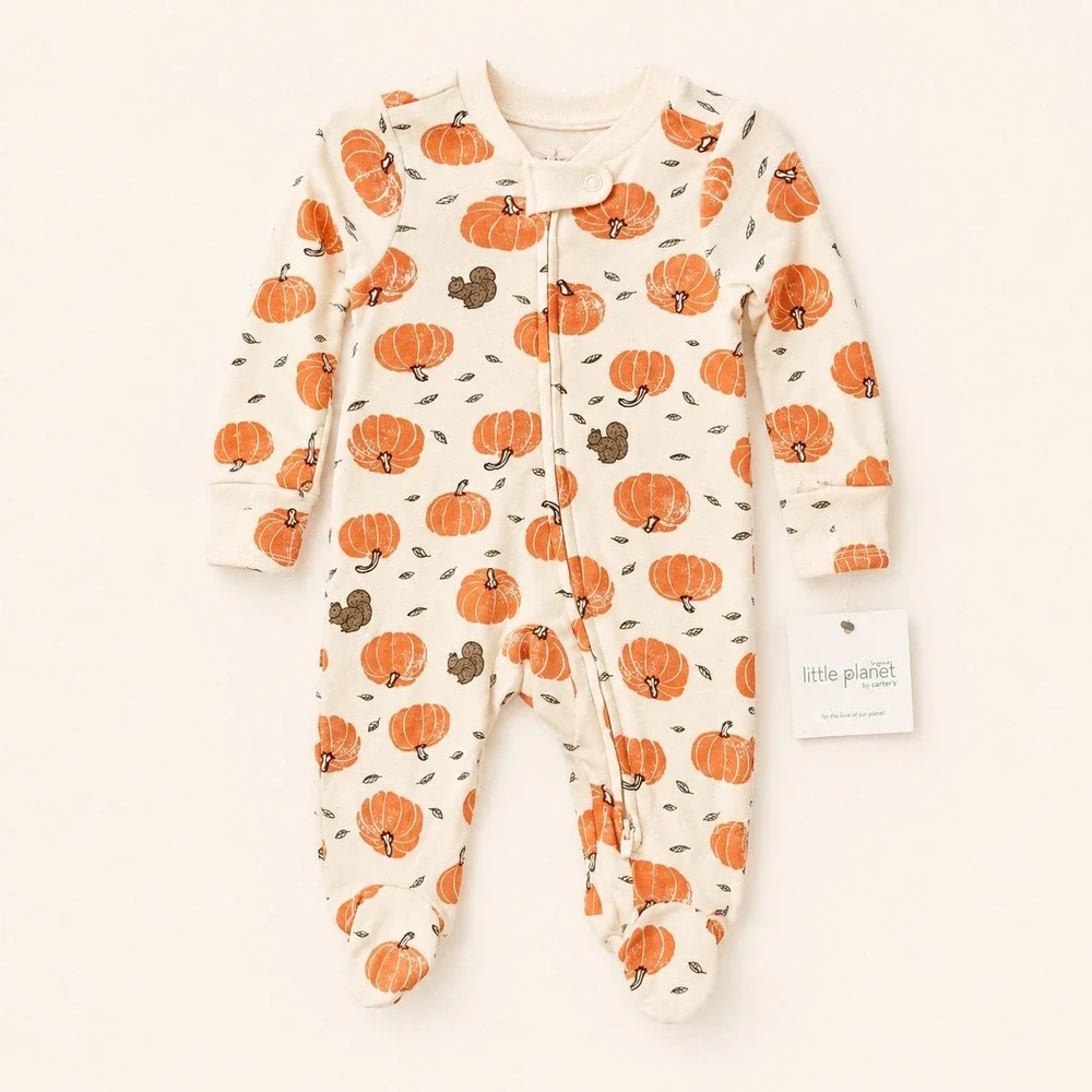 Little Planet by Carters Organic Cotton Pumpkin Squirrel Footed Sleeper PJs 6M